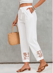 White bottoms,Plain Color bottoms,Pocket White Elastic Waist High Waisted Pants