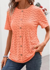 Orange tops,Plain Color tops,Tuck Stitch Orange Round Neck Short Sleeve T Shirt