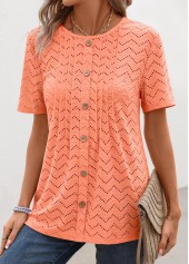 Orange tops,Plain Color tops,Tuck Stitch Orange Round Neck Short Sleeve T Shirt