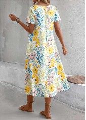 Yellow dresses,Floral dresses,Plants dresses,Vacation dresses,Vacation dresses,Pocket Floral Print Yellow A Line Round Neck Dress