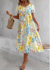 Yellow dresses,Floral dresses,Plants dresses,Vacation dresses,Vacation dresses,Pocket Floral Print Yellow A Line Round Neck Dress