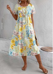 Yellow dresses,Floral dresses,Plants dresses,Vacation dresses,Vacation dresses,Pocket Floral Print Yellow A Line Round Neck Dress