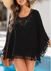 Black swimwear,Plain Color swimwear,Tassel Black Scoop Neck Cover Up