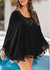 Black swimwear,Plain Color swimwear,Tassel Black Scoop Neck Cover Up