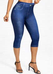 Denim Blue bottoms,Denim-Effect Print bottoms,Denim-effect Print Denim Blue High Waisted Elastic Waist Leggings