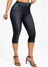 Black bottoms,Denim-Effect Print bottoms,Denim-effect Print Black High Waisted Elastic Waist Capri Leggings