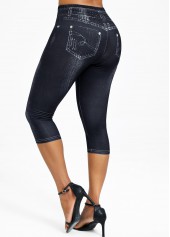 Black bottoms,Denim-Effect Print bottoms,Denim-effect Print Black High Waisted Elastic Waist Capri Leggings