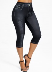 Black bottoms,Denim-Effect Print bottoms,Denim-effect Print Black High Waisted Elastic Waist Capri Leggings