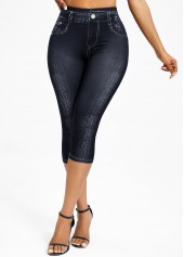 Black bottoms,Denim-Effect Print bottoms,Denim-effect Print Black High Waisted Elastic Waist Capri Leggings