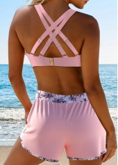 Light Pink swimwear,Plants swimwear,ROTITA Drawstring Light Pink Tropical Plants Print Bikini Set
