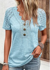 ROTITA Lace Light Blue V Neck Short Sleeve T Shirt