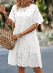 White dresses,Plain Color dresses,Everyday dresses,Casual dresses,Ruched White Round Neck Short Sleeve Dress