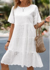 White dresses,Plain Color dresses,Everyday dresses,Casual dresses,Ruched White Round Neck Short Sleeve Dress