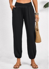 Black bottoms,Plain Color bottoms,Pocket Jogger Elastic Waist High Waisted Black Pants