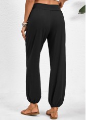 Black bottoms,Plain Color bottoms,Pocket Jogger Elastic Waist High Waisted Black Pants