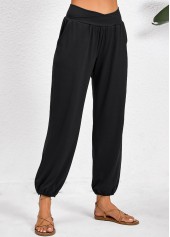 Black bottoms,Plain Color bottoms,Pocket Jogger Elastic Waist High Waisted Black Pants