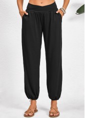 Black bottoms,Plain Color bottoms,Pocket Jogger Elastic Waist High Waisted Black Pants