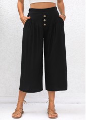 Black bottoms,Plain Color bottoms,Pocket Black Elastic Waist High Waisted Pants