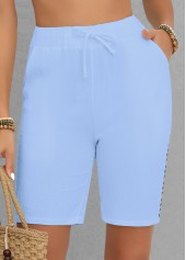 Light Blue bottoms,Plain Color bottoms,Patchwork Light Blue Regular Elastic Waist High Waisted Shorts