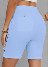 Light Blue bottoms,Plain Color bottoms,Patchwork Light Blue Regular Elastic Waist High Waisted Shorts