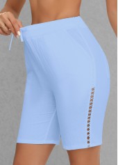 Light Blue bottoms,Plain Color bottoms,Patchwork Light Blue Regular Elastic Waist High Waisted Shorts
