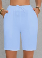 Light Blue bottoms,Plain Color bottoms,Patchwork Light Blue Regular Elastic Waist High Waisted Shorts