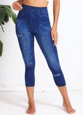 Denim Blue bottoms,Denim-Effect Print bottoms,Denim-effect Print Denim Blue High Waisted Elastic Waist Leggings