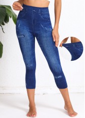 Denim-effect Print Denim Blue High Waisted Elastic Waist Leggings