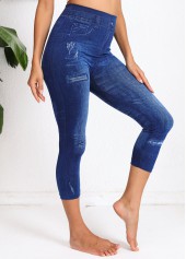 Denim Blue bottoms,Denim-Effect Print bottoms,Denim-effect Print Denim Blue High Waisted Elastic Waist Leggings
