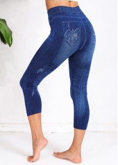 Denim Blue bottoms,Denim-Effect Print bottoms,Denim-effect Print Denim Blue High Waisted Elastic Waist Leggings