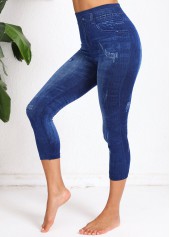 Denim Blue bottoms,Denim-Effect Print bottoms,Denim-effect Print Denim Blue High Waisted Elastic Waist Leggings