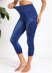 Denim Blue bottoms,Denim-Effect Print bottoms,Denim-effect Print Denim Blue High Waisted Elastic Waist Leggings
