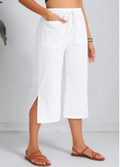 White bottoms,Plain Color bottoms,Pocket White Elastic Waist High Waisted Pants