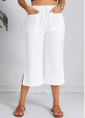 White bottoms,Plain Color bottoms,Pocket White Elastic Waist High Waisted Pants