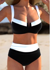 Black swimwear,Contrast Color swimwear,ROTITA Patchwork Square Neck Black Bikini Set