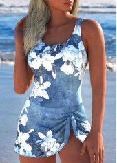 Denim Blue swimwear,Floral swimwear,Plants swimwear,ROTITA Tie Denim Blue Floral Print One Piece Swimdress