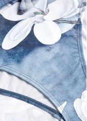 Denim Blue swimwear,Floral swimwear,Plants swimwear,ROTITA Tie Denim Blue Floral Print One Piece Swimdress