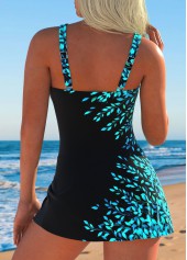 Cyan swimwear,Black swimwear,Plants swimwear,ROTITA Tie Cyan Leaf Print One Piece Swimdress