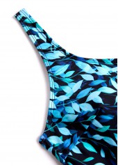 Cyan swimwear,Black swimwear,Plants swimwear,ROTITA Tie Cyan Leaf Print One Piece Swimdress