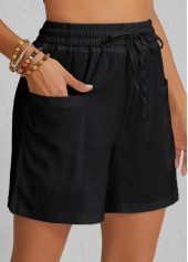 Black bottoms,Plain Color bottoms,Pocket Black Elastic Waist High Waisted Shorts