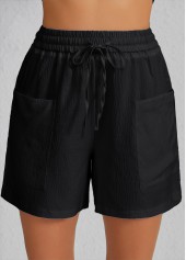 Black bottoms,Plain Color bottoms,Pocket Black Elastic Waist High Waisted Shorts