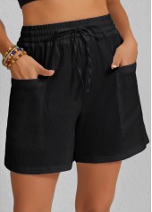 Black bottoms,Plain Color bottoms,Pocket Black Elastic Waist High Waisted Shorts