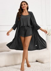 Dark Grey loungewear,Plain Color loungewear,Dark Grey Ruffle Camisole Shorts and Robe