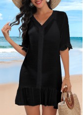 Black swimwear,Plain Color swimwear,Lightweight Button Up Black Cover Up