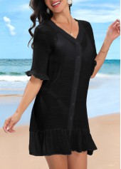 Black swimwear,Plain Color swimwear,Lightweight Button Up Black Cover Up