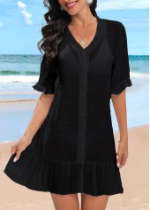 Black swimwear,Plain Color swimwear,Lightweight Button Up Black Cover Up