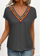 Dark Grey Marl tops,Tribal tops,Patchwork Tribal Print Dark Grey V Neck T Shirt