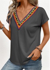 Dark Grey Marl tops,Tribal tops,Patchwork Tribal Print Dark Grey V Neck T Shirt