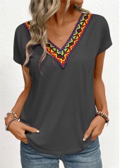 Dark Grey Marl tops,Tribal tops,Patchwork Tribal Print Dark Grey V Neck T Shirt