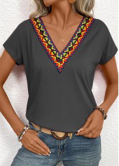 Dark Grey Marl tops,Tribal tops,Patchwork Tribal Print Dark Grey V Neck T Shirt
